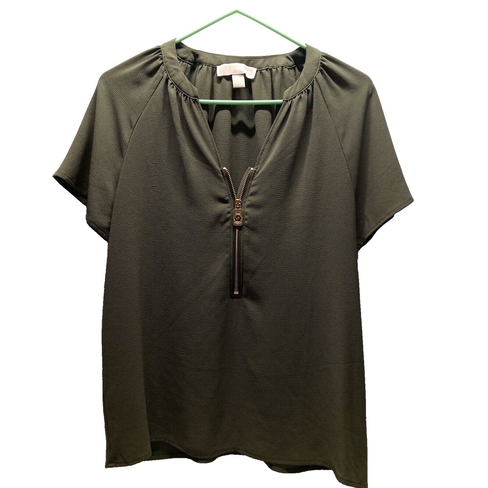 Michael Kors Zip Front Blouse Women's Small Olive Green Classic Short Sleeve EUC